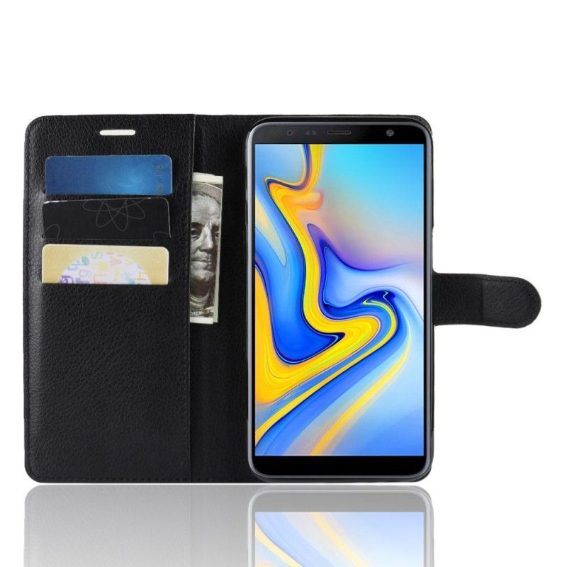 Flip Cover Læder for Samsung Galaxy J6 Plus Sort Lychee Imiteret Læder