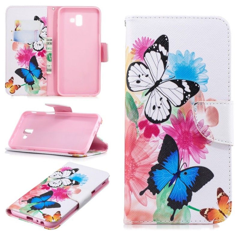 Flip Cover Læder Samsung Galaxy J6 Plus Magenta Malede Sommerfugle Og Blomster Beskyttelse