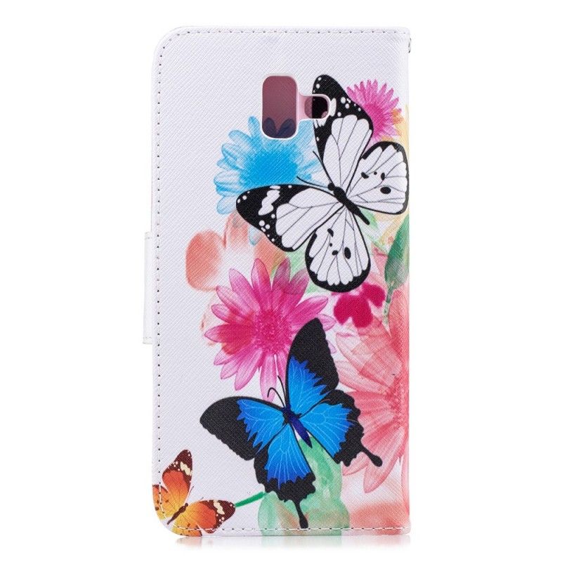 Flip Cover Læder Samsung Galaxy J6 Plus Magenta Malede Sommerfugle Og Blomster Beskyttelse