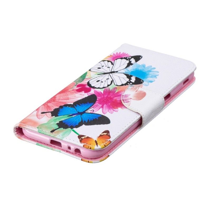 Flip Cover Læder Samsung Galaxy J6 Plus Magenta Malede Sommerfugle Og Blomster Beskyttelse