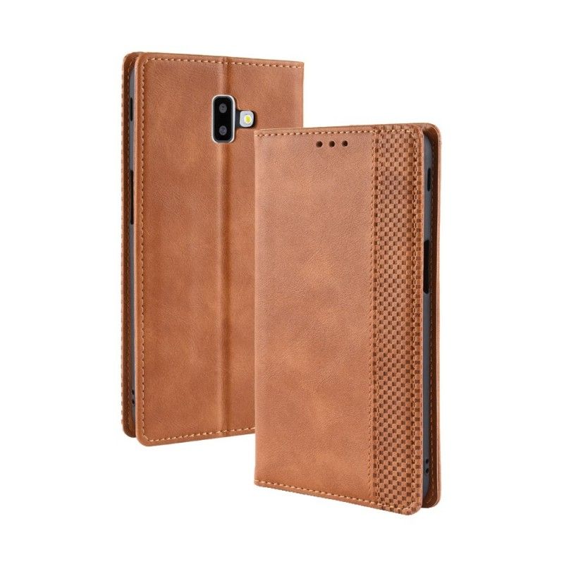 Læder Cover Samsung Galaxy J6 Plus Sort Stiliseret Vintage Lædereffekt Original