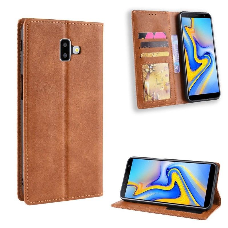 Læder Cover Samsung Galaxy J6 Plus Sort Stiliseret Vintage Lædereffekt Original