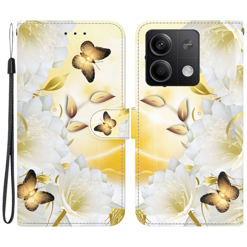 Flip Cover Til Xiaomi Redmi Note 13 5g Gyldne Sommerfugle Og Hvide Blomster