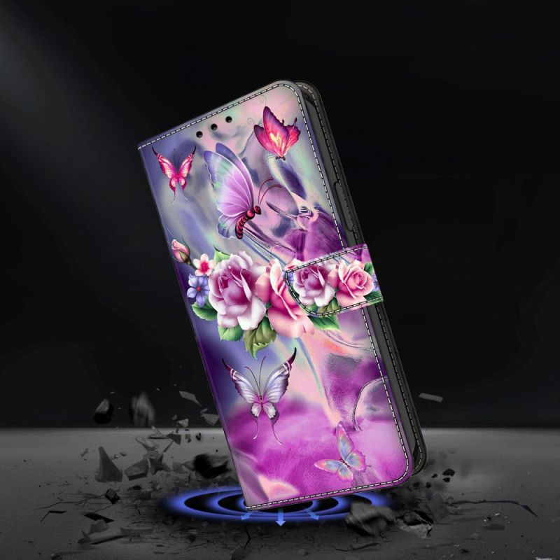 Flip Cover Til Xiaomi Redmi Note 13 5g Lilla Sommerfugle Og Blomster