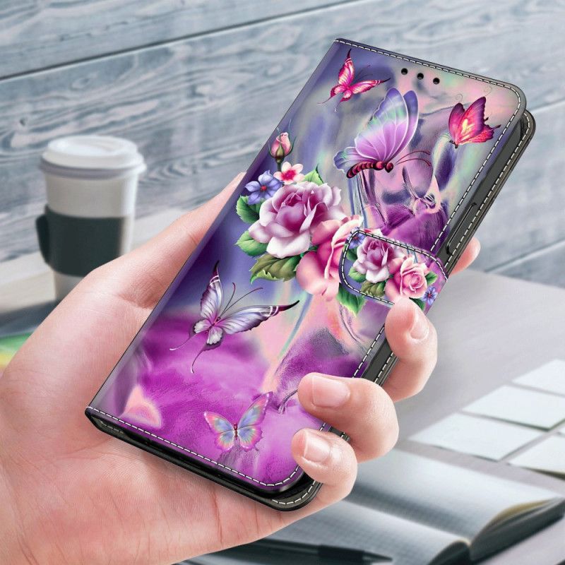 Flip Cover Til Xiaomi Redmi Note 13 5g Lilla Sommerfugle Og Blomster