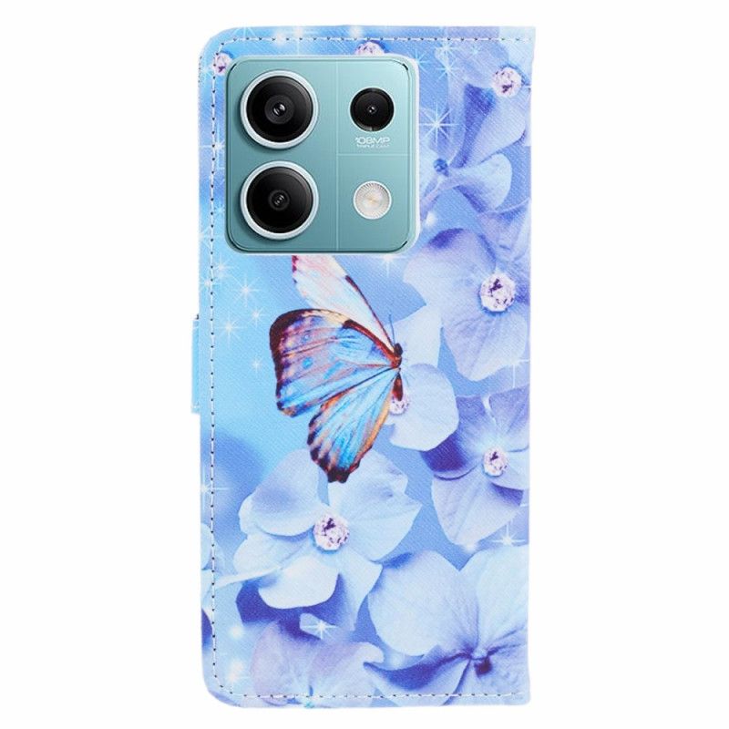 Flip Cover Xiaomi Redmi Note 13 5g Blå Blomster Og Sommerfugl Med Rem