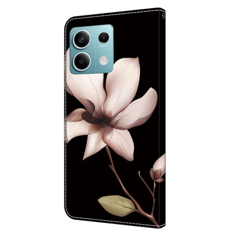 Flip Cover Xiaomi Redmi Note 13 5g Lyserød Blomst På Sort Baggrund