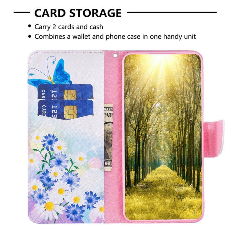 Læder Cover Xiaomi Redmi Note 13 5g Telefon Etui Sommerfugle- Og Blomstermønster