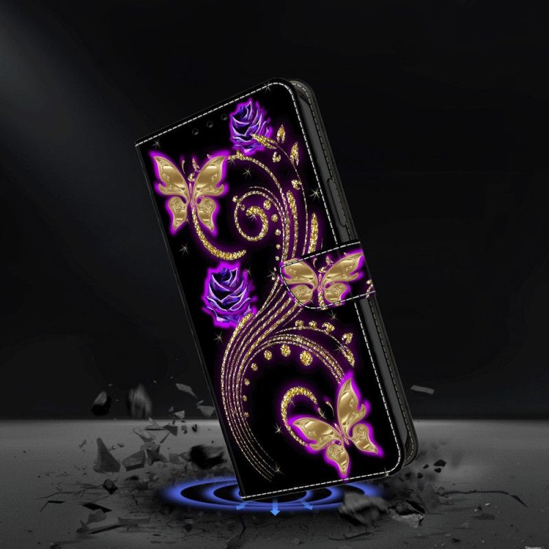 Læder Cover Xiaomi Redmi Note 13 5g Violet Blomster Og Sommerfugle