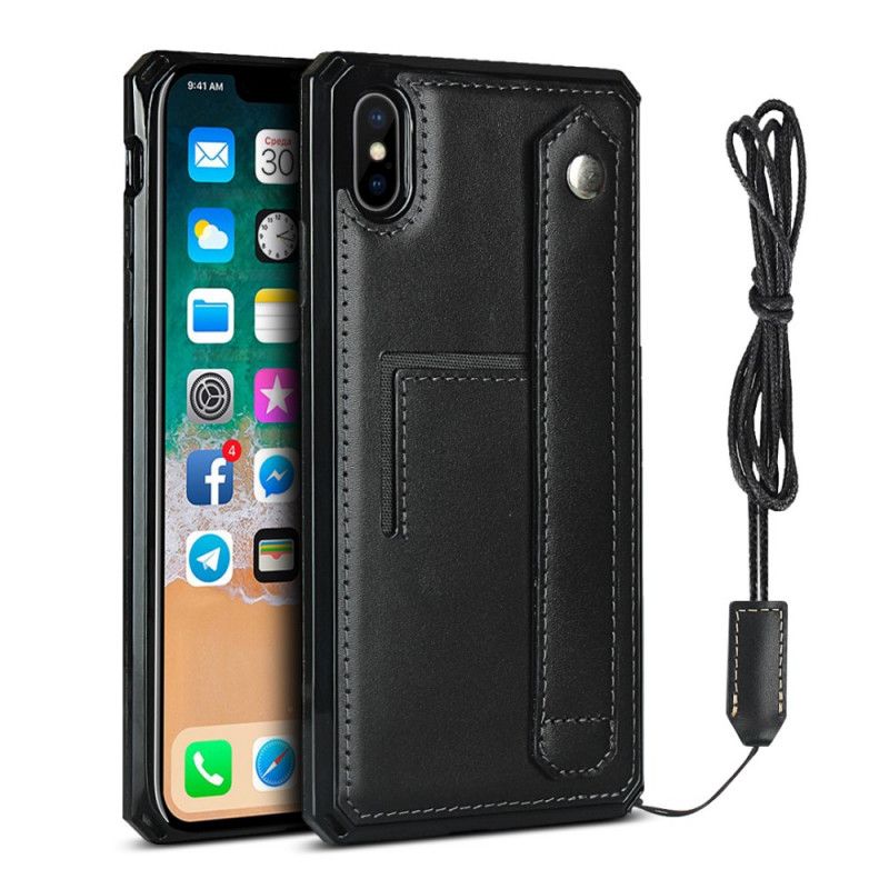 Cover for iPhone XS Max Sort Kortholder I Ægte Læder Og Snor