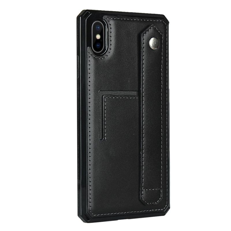 Cover for iPhone XS Max Sort Kortholder I Ægte Læder Og Snor