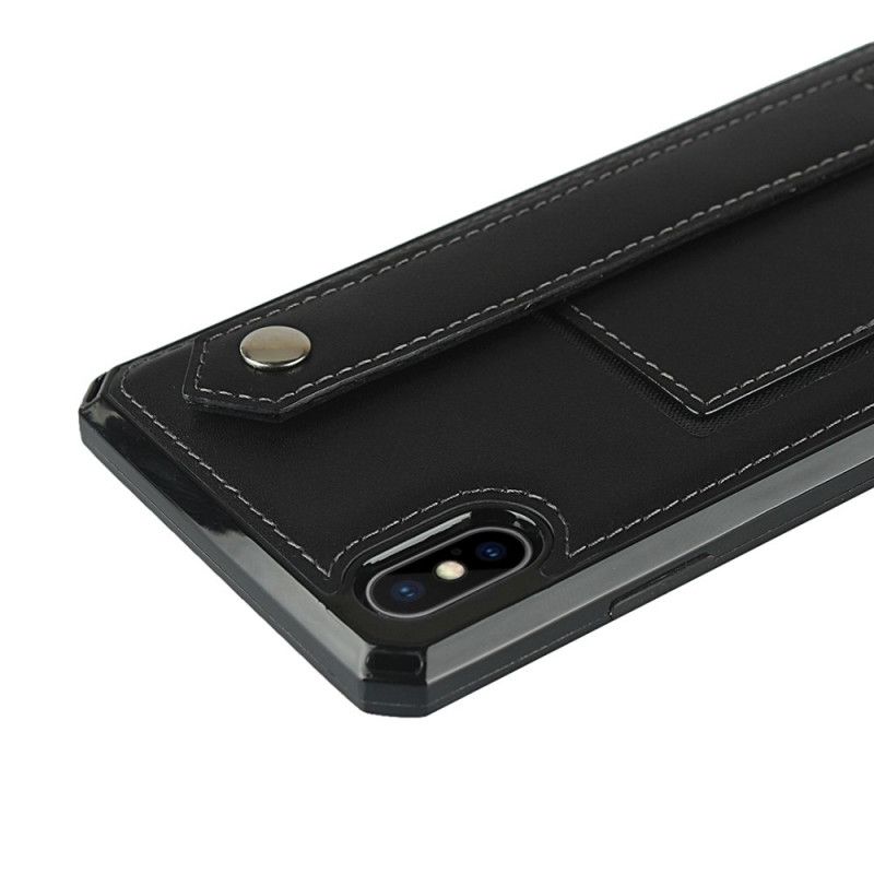 Cover for iPhone XS Max Sort Kortholder I Ægte Læder Og Snor