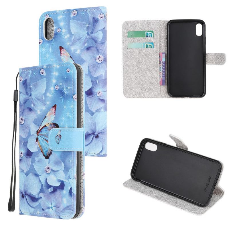 Flip Cover iPhone XS Max Mobilcover Diamant Sommerfugle Med Rem