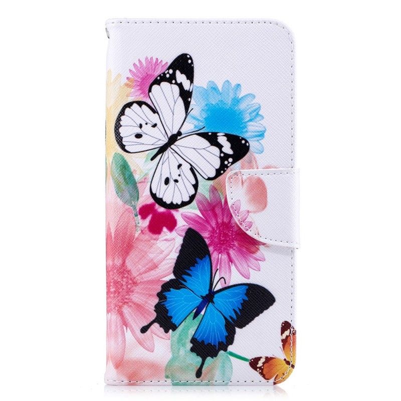 Flip Cover Læder for iPhone XS Max Lyserød Malede Sommerfugle Og Blomster