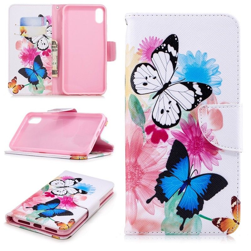 Flip Cover Læder for iPhone XS Max Lyserød Malede Sommerfugle Og Blomster