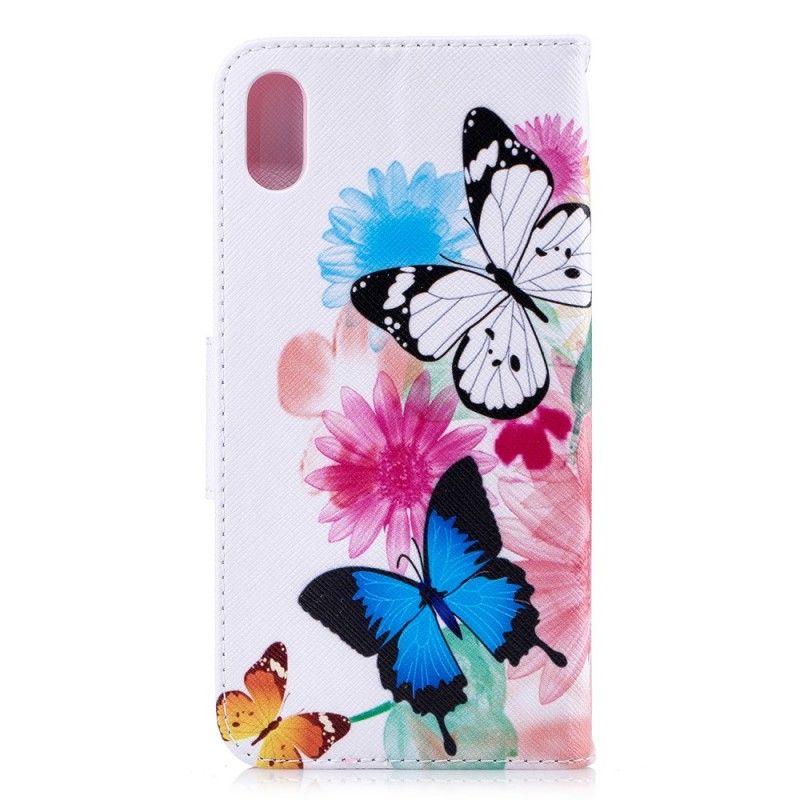 Flip Cover Læder for iPhone XS Max Lyserød Malede Sommerfugle Og Blomster