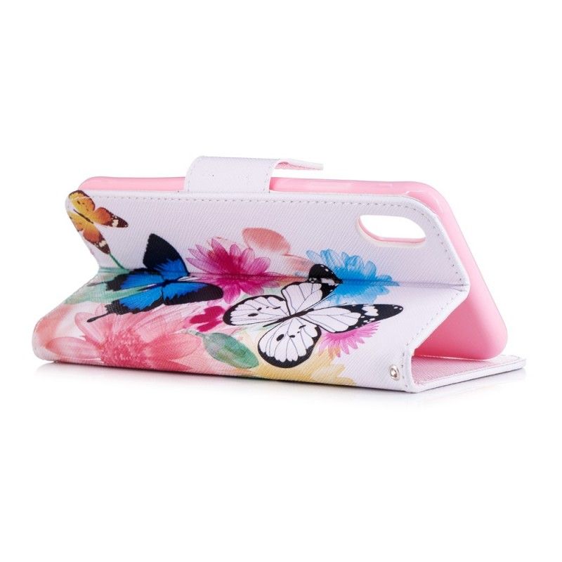 Flip Cover Læder for iPhone XS Max Lyserød Malede Sommerfugle Og Blomster