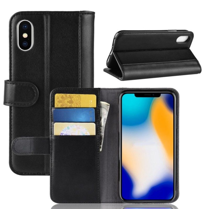 Flip Cover Læder for iPhone XS Max Sort Ægte Læder