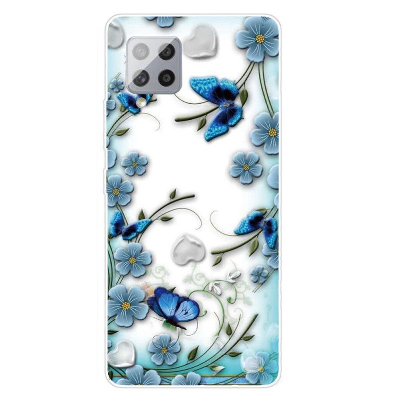 Cover Samsung Galaxy A42 5G Gennemsigtige Retro Sommerfugle Og Blomster