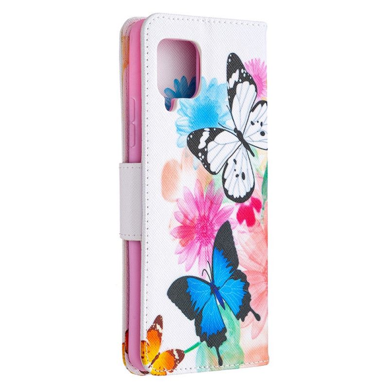 Flip Cover Læder for Samsung Galaxy A42 5G Magenta Malede Sommerfugle Og Blomster