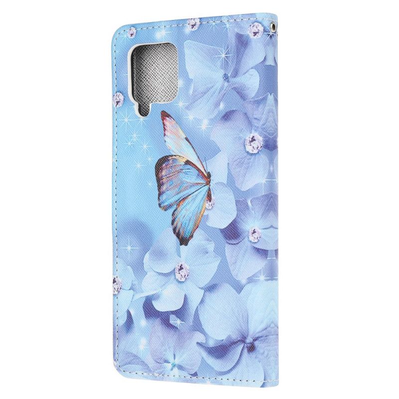 Flip Cover Læder Samsung Galaxy A42 5G Diamant Sommerfugle Med Rem