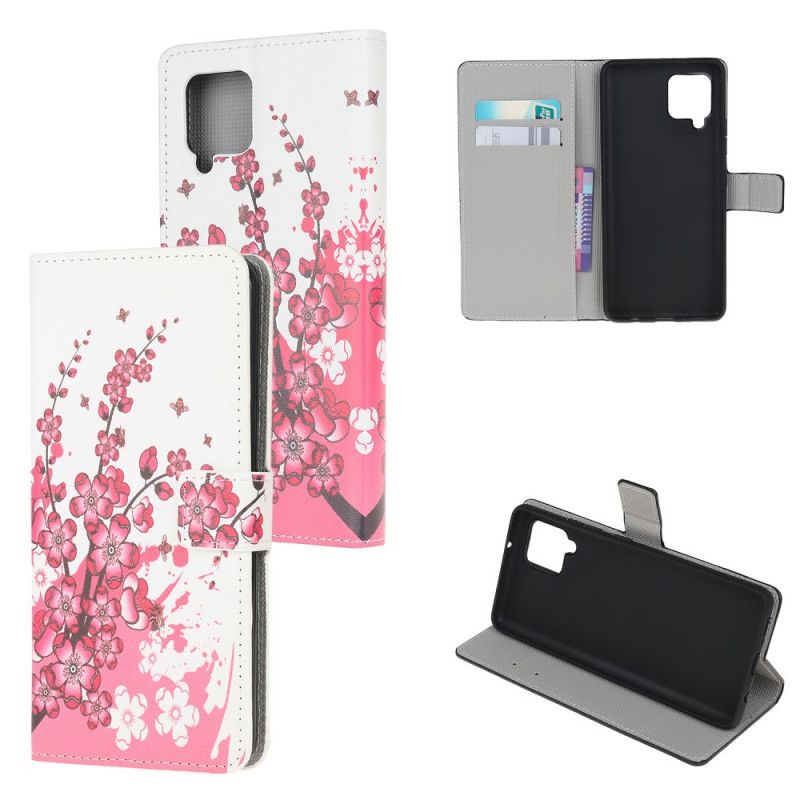 Flip Cover Læder Samsung Galaxy A42 5G Magenta Tropiske Blomster Beskyttelse