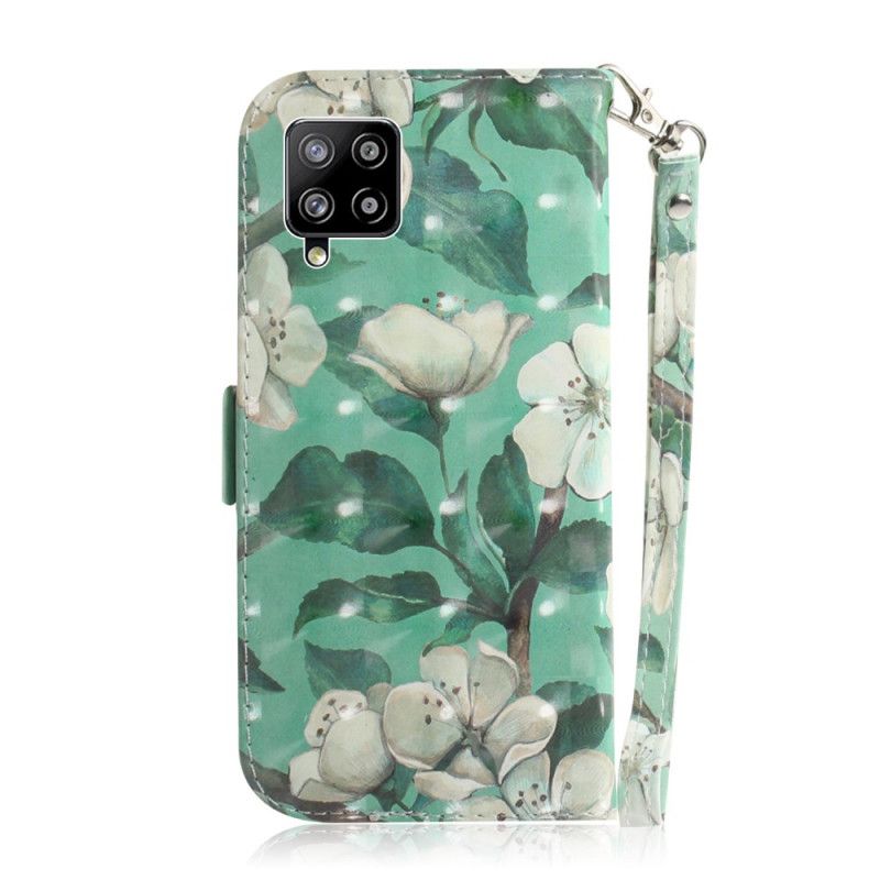 Flip Cover Samsung Galaxy A42 5G Grå Blomstrende Gren Med Rem