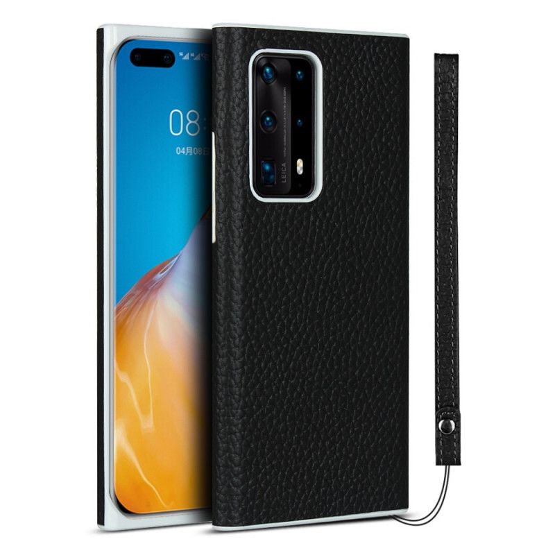 Cover for Huawei P40 Pro Plus Sort Ægte Lychee Læder Med Rem