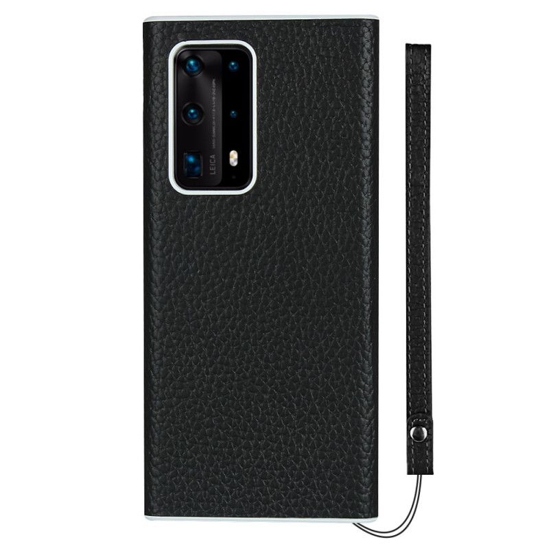 Cover for Huawei P40 Pro Plus Sort Ægte Lychee Læder Med Rem