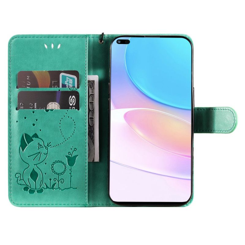 Læder Cover Huawei Nova 8i / Honor 50 Lite Telefon Etui Cat And Bee Thong