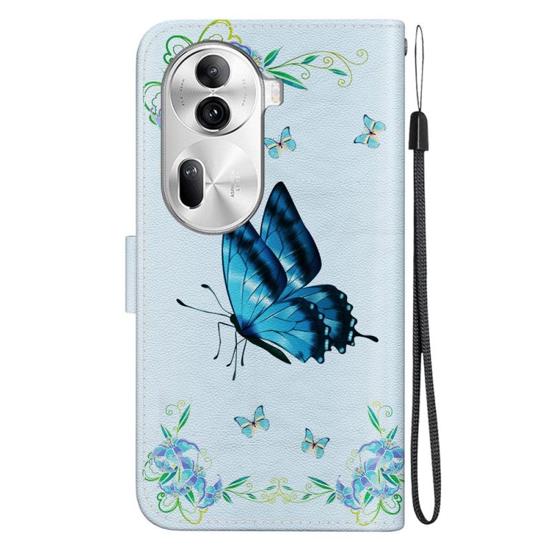 Læder Cover Oppo Reno 11 Pro 5g Telefon Etui Blå Sommerfugl Og Blomster Med Rem