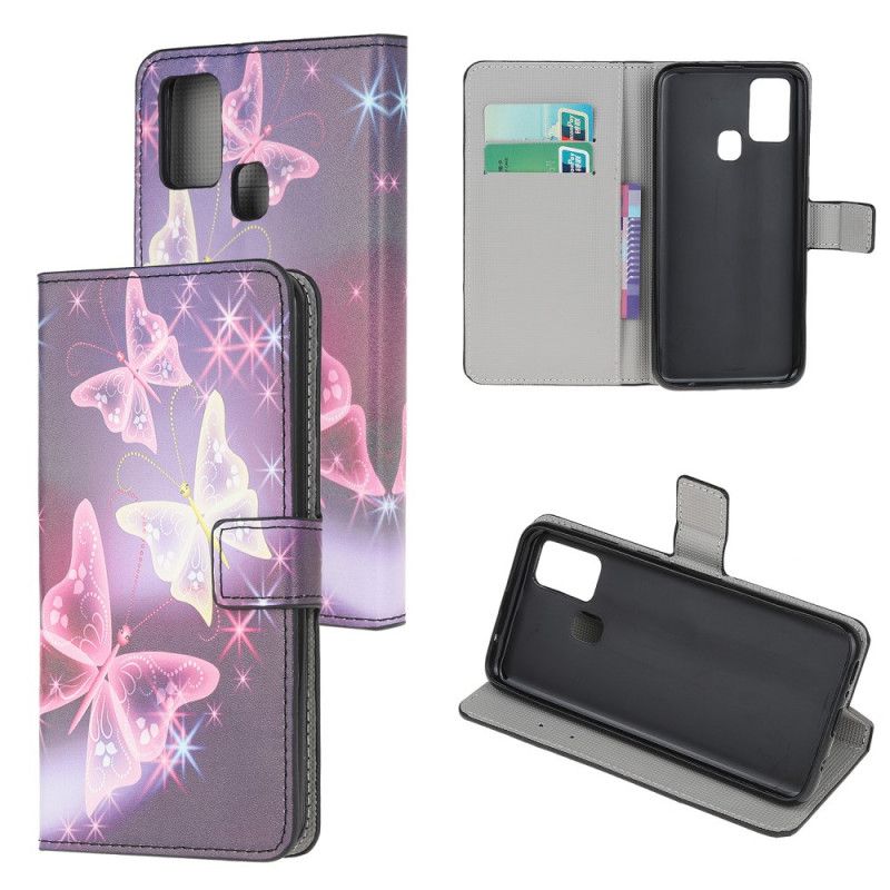 Flip Cover Læder for Samsung Galaxy A21s Neonsommerfugle