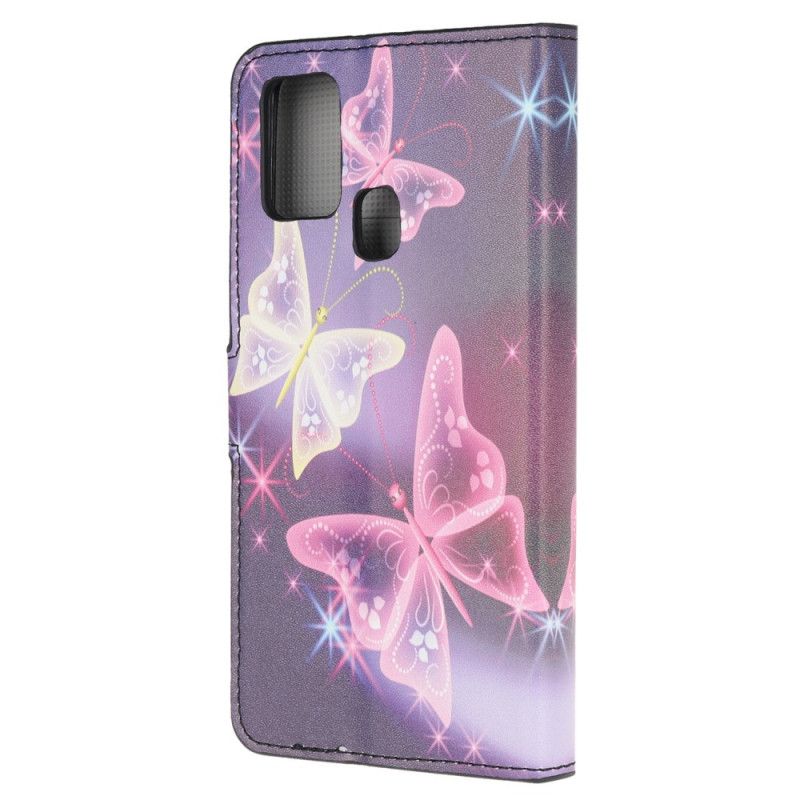 Flip Cover Læder for Samsung Galaxy A21s Neonsommerfugle