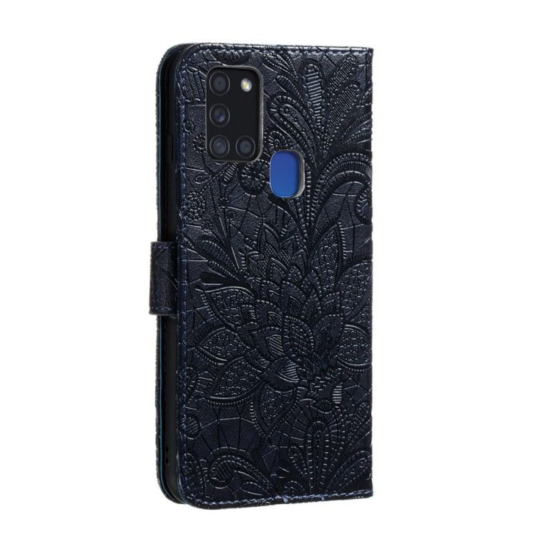 Flip Cover Læder Samsung Galaxy A21s Rød Tribal Thong Blomster