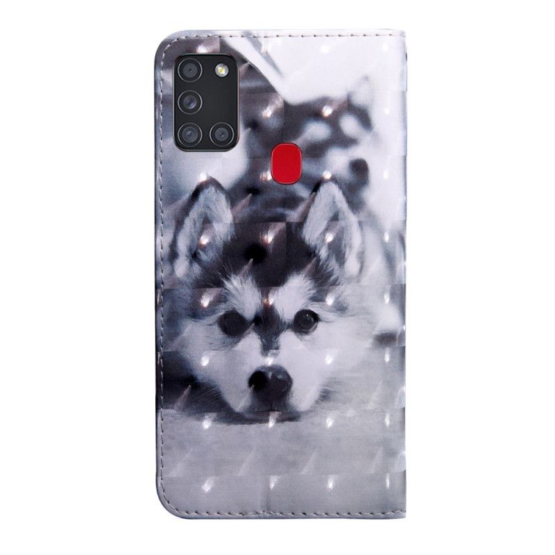 Flip Cover Læder Samsung Galaxy A21s Sort Og Hvid Hund Original