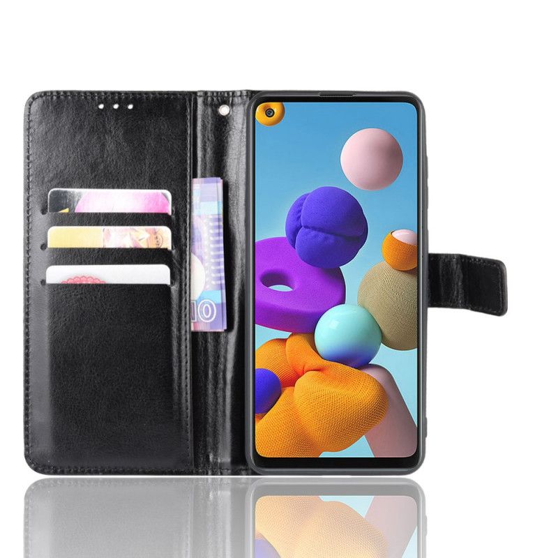 Flip Cover Læder Samsung Galaxy A21s Sort Prangende Kunstlæder Original