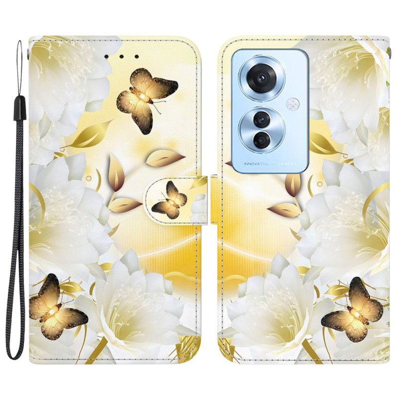 Flip Cover Til Oppo Reno 11f 5g Gyldne Sommerfugle Og Hvide Blomster