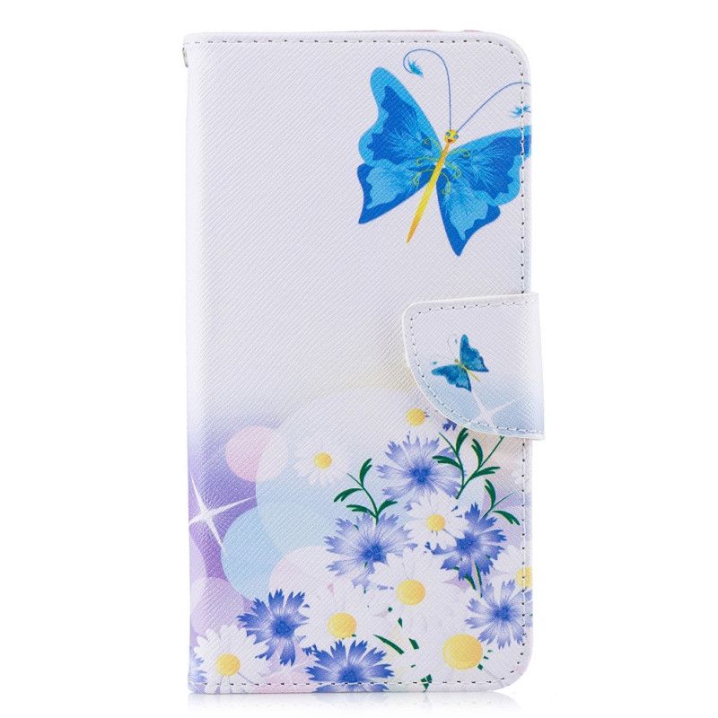 Flip Cover Læder Xiaomi Pocophone F1 Magenta Malede Sommerfugle Og Blomster