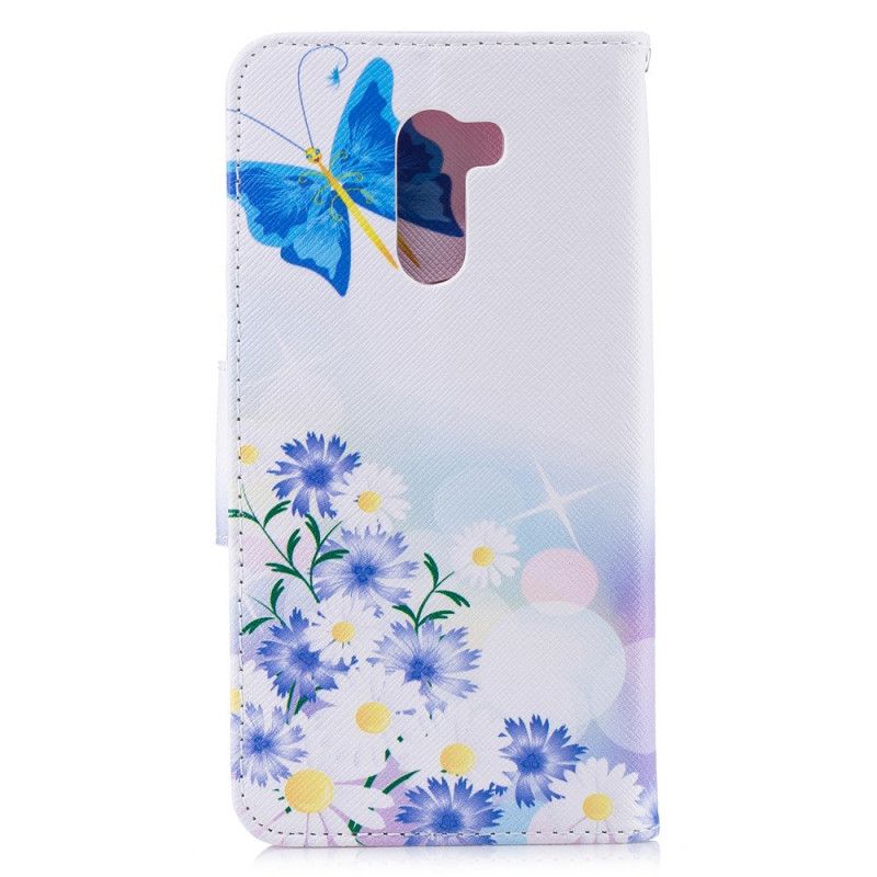 Flip Cover Læder Xiaomi Pocophone F1 Magenta Malede Sommerfugle Og Blomster