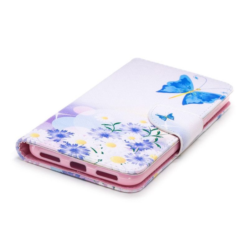 Flip Cover Læder Xiaomi Pocophone F1 Magenta Malede Sommerfugle Og Blomster