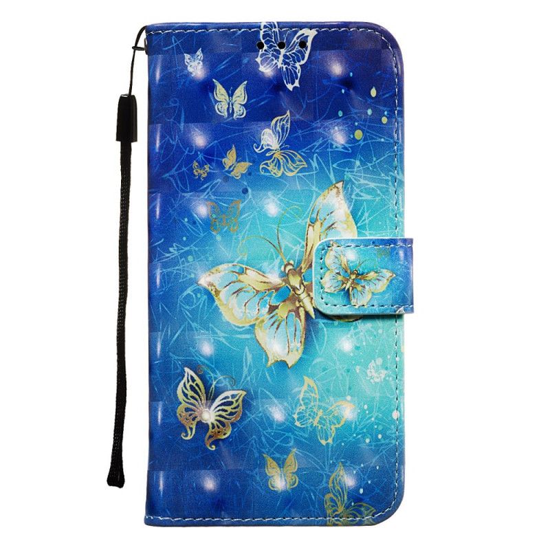 Flip Cover Læder for Huawei Y7 2019 Gyldne Sommerfugle Med 3D-Effekt