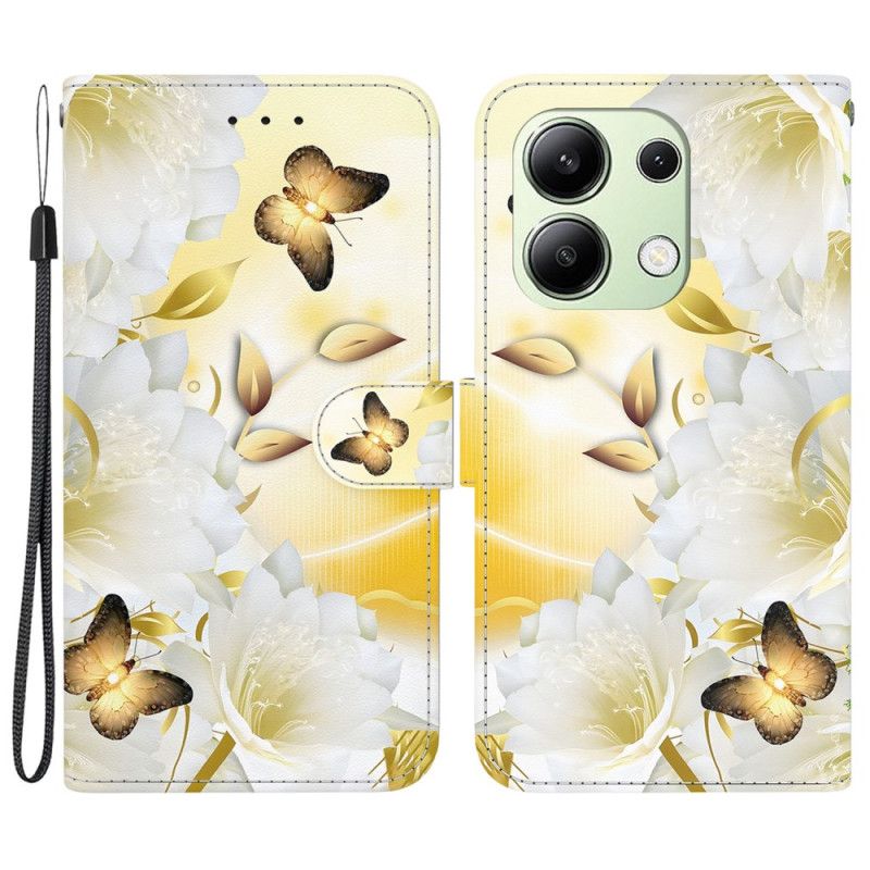 Flip Cover Til Xiaomi Redmi Note 13 4g Gyldne Sommerfugle Og Hvide Blomster Med Rem