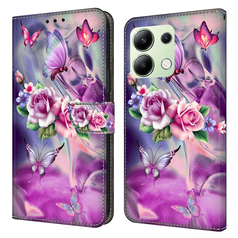 Flip Cover Til Xiaomi Redmi Note 13 4g Sommerfugle Og Violette Blomster