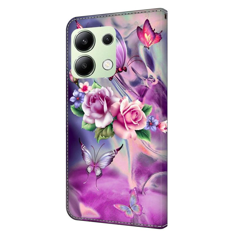 Flip Cover Til Xiaomi Redmi Note 13 4g Sommerfugle Og Violette Blomster