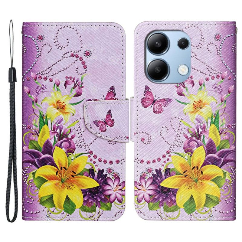 Flip Cover Xiaomi Redmi Note 13 4g Blomster Og Sommerfugle Mønster Med Rem