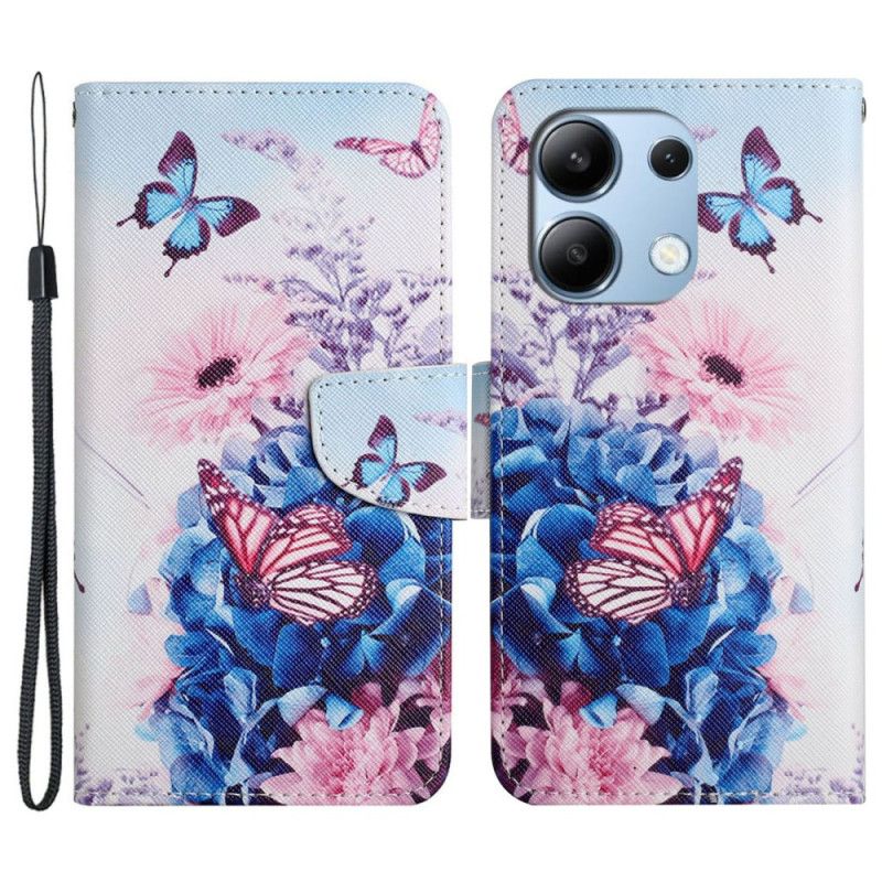 Flip Cover Xiaomi Redmi Note 13 4g Lilla Sommerfugle Med Rem