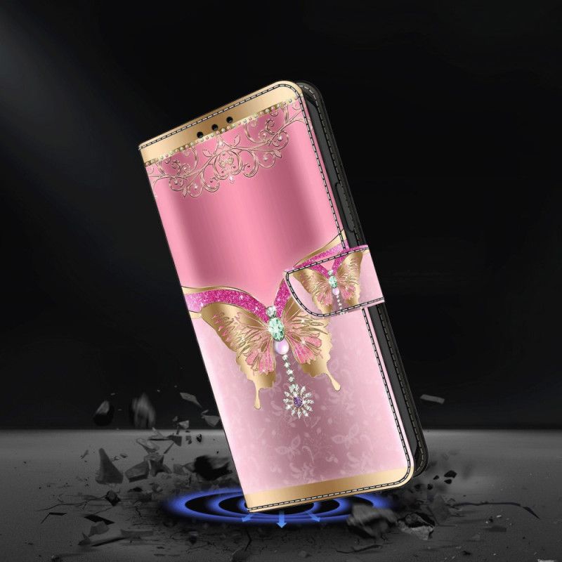 Flip Cover Xiaomi Redmi Note 13 4g - Pink Og Guld Sommerfugl