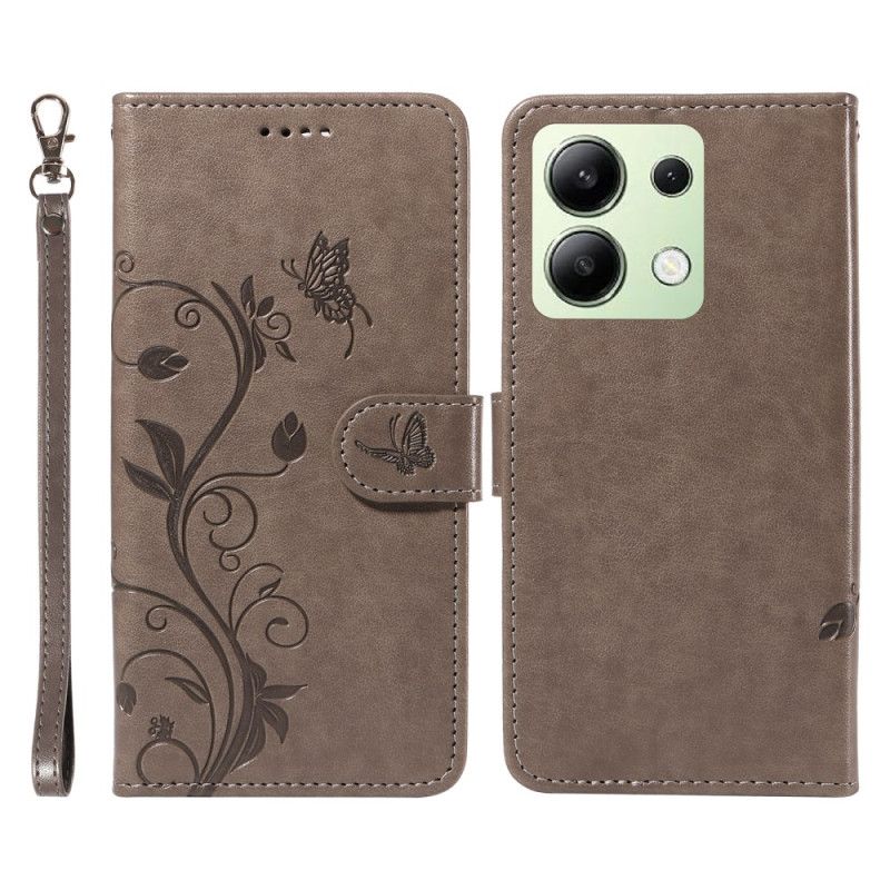 Flip Cover Xiaomi Redmi Note 13 4g Sommerfugle Og Blomster Med Snor