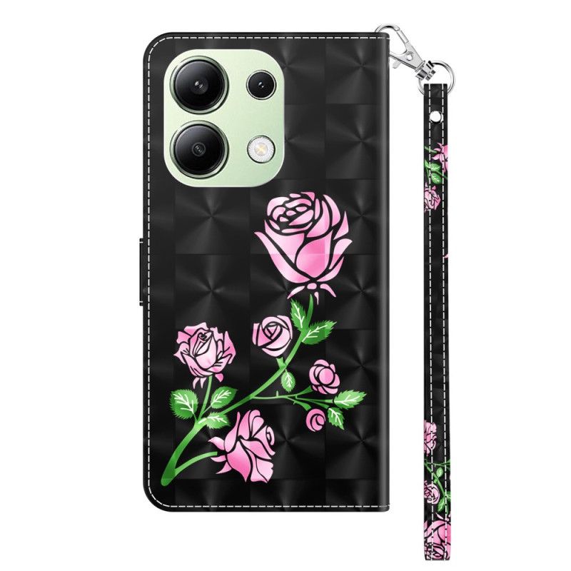 Læder Cover Xiaomi Redmi Note 13 4g Telefon Etui Lyserøde Blomster Med Rem