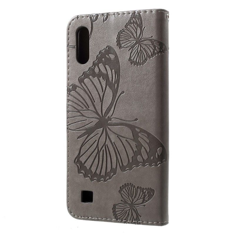 Flip Cover Læder for Samsung Galaxy A10 Grå Kæmpestore Sommerfugle